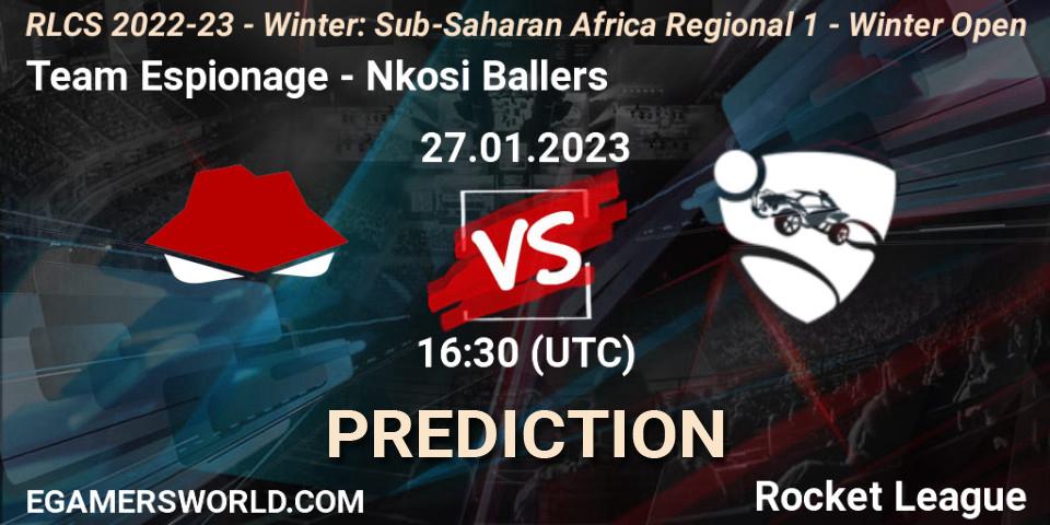 Team Espionage contre Nkosi Ballers : prédiction de match. 27.01.2023 at 16:30. Rocket League, RLCS 2022-23 - Winter: Sub-Saharan Africa Regional 1 - Winter Open