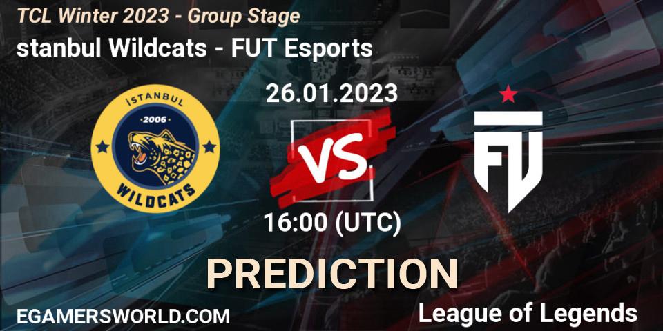 İstanbul Wildcats contre FUT Esports : prédiction de match. 26.01.2023 at 16:00. LoL, TCL Winter 2023 - Group Stage
