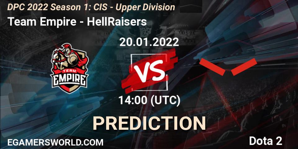 Team Empire contre HellRaisers : prédiction de match. 20.01.2022 at 14:00. Dota 2, DPC 2022 Season 1: CIS - Upper Division
