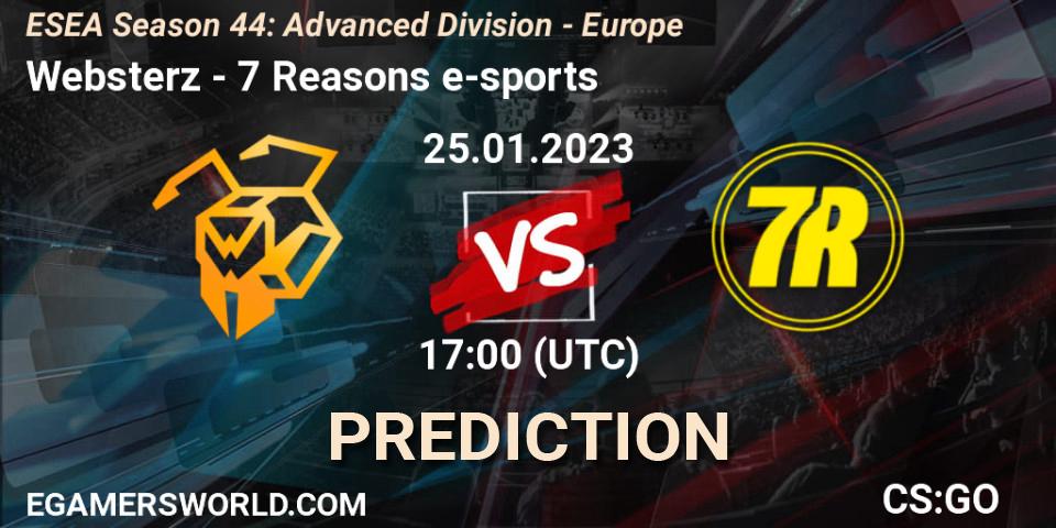 Websterz contre 7 Reasons e-sports : prédiction de match. 01.02.23. CS2 (CS:GO), ESEA Season 44: Advanced Division - Europe