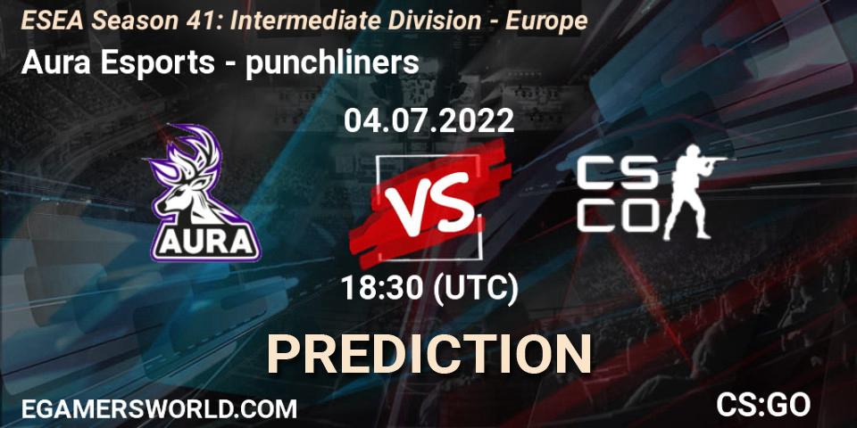 Aura Esports contre punchliners : prédiction de match. 04.07.2022 at 18:30. Counter-Strike (CS2), ESEA Season 41: Intermediate Division - Europe