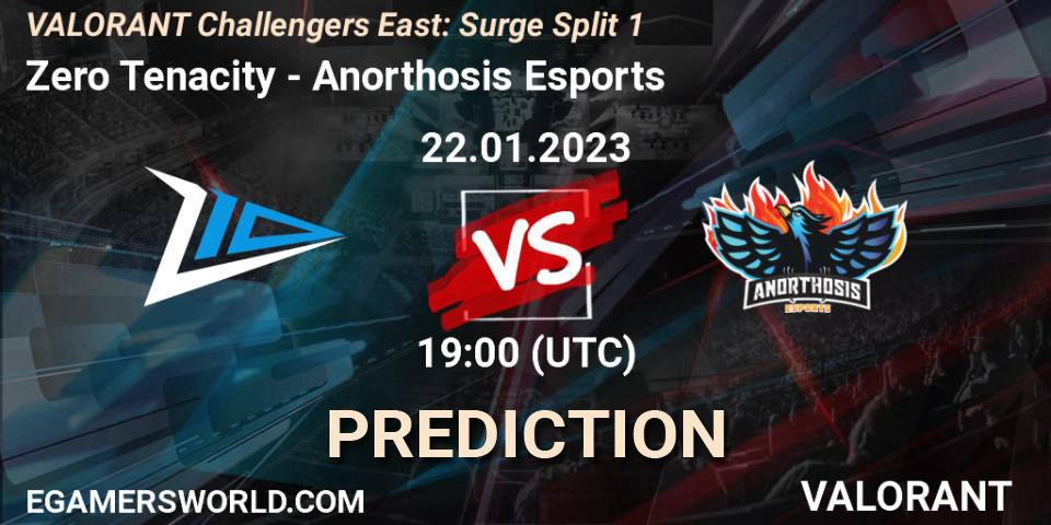 Zero Tenacity contre Anorthosis Esports : prédiction de match. 22.01.2023 at 19:30. VALORANT, VALORANT Challengers 2023 East: Surge Split 1