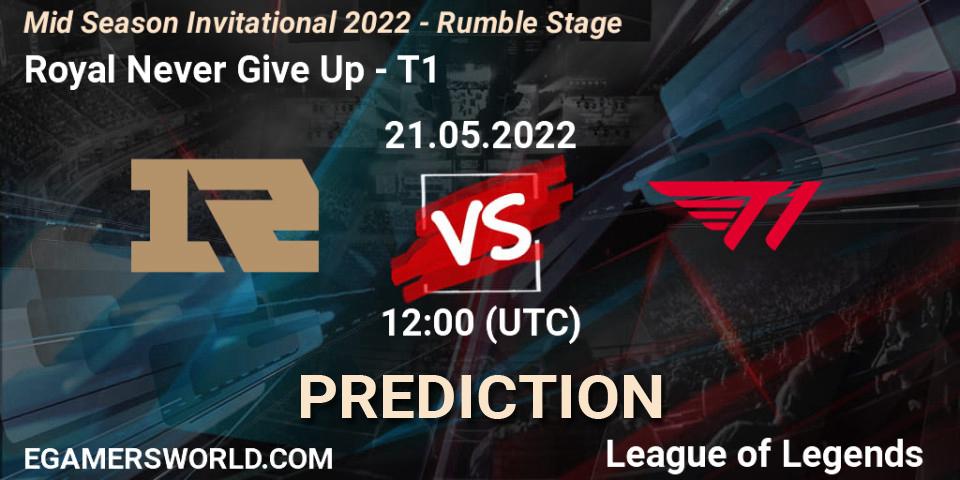 Royal Never Give Up contre T1 : prédiction de match. 21.05.2022 at 12:00. LoL, Mid Season Invitational 2022 - Rumble Stage