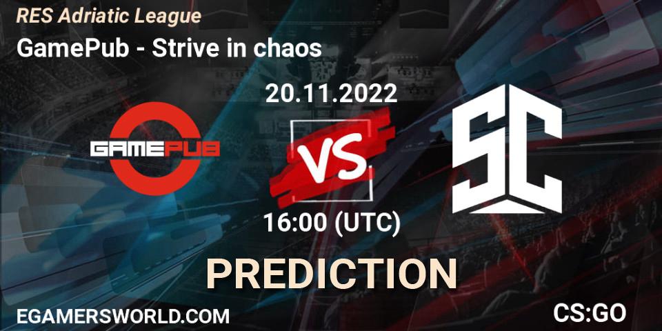 GamePub contre Strive in chaos : prédiction de match. 20.11.2022 at 16:00. Counter-Strike (CS2), RES Adriatic League