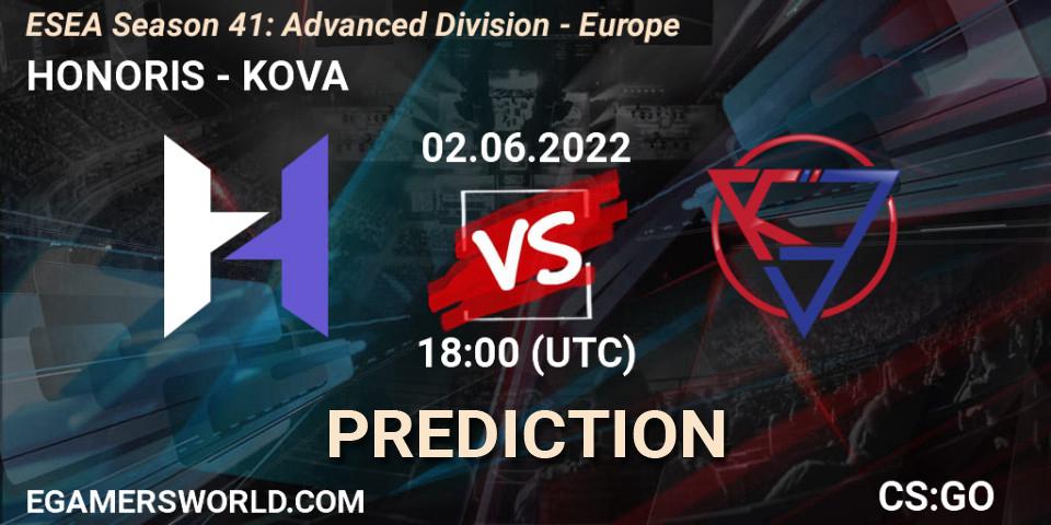 HONORIS contre KOVA : prédiction de match. 02.06.2022 at 18:00. Counter-Strike (CS2), ESEA Season 41: Advanced Division - Europe