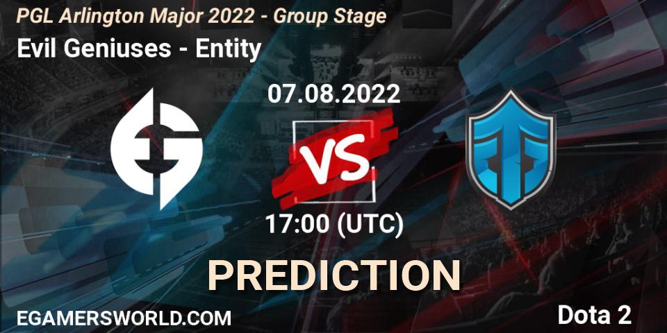 Evil Geniuses contre Entity : prédiction de match. 07.08.2022 at 17:29. Dota 2, PGL Arlington Major 2022 - Group Stage