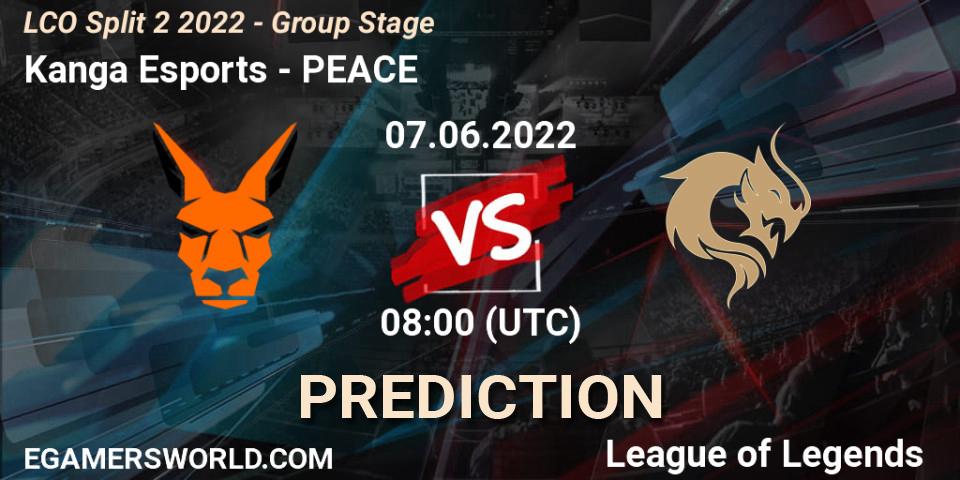 Kanga Esports contre PEACE : prédiction de match. 07.06.2022 at 08:00. LoL, LCO Split 2 2022 - Group Stage