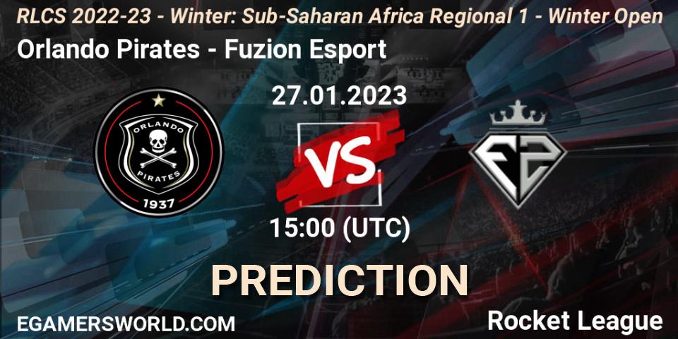 Orlando Pirates contre Fuzion Esport : prédiction de match. 27.01.2023 at 15:00. Rocket League, RLCS 2022-23 - Winter: Sub-Saharan Africa Regional 1 - Winter Open