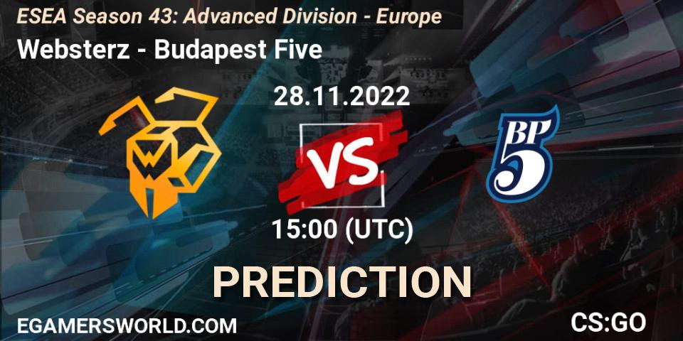 Websterz contre Budapest Five : prédiction de match. 28.11.22. CS2 (CS:GO), ESEA Season 43: Advanced Division - Europe