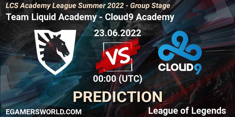 Team Liquid Academy contre Cloud9 Academy : prédiction de match. 23.06.2022 at 00:15. LoL, LCS Academy League Summer 2022 - Group Stage