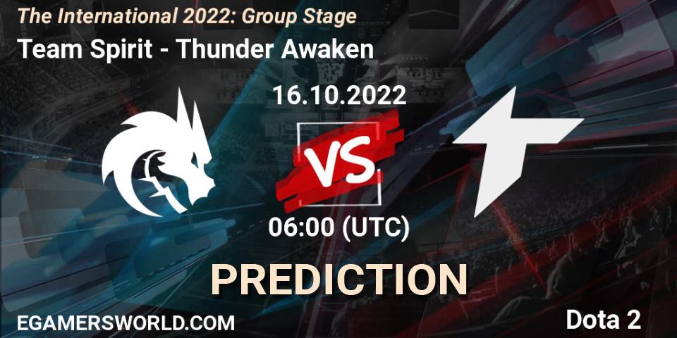 Team Spirit contre Thunder Awaken : prédiction de match. 16.10.2022 at 06:33. Dota 2, The International 2022: Group Stage