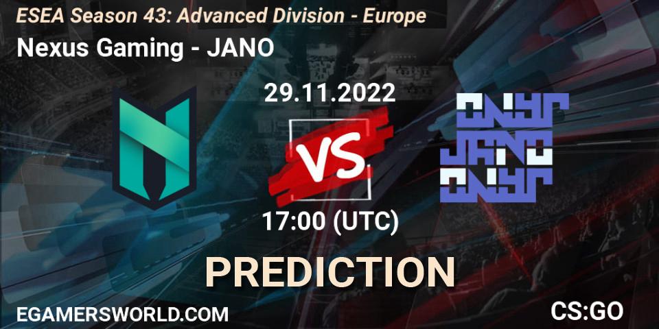 Nexus Gaming contre JANO : prédiction de match. 29.11.22. CS2 (CS:GO), ESEA Season 43: Advanced Division - Europe