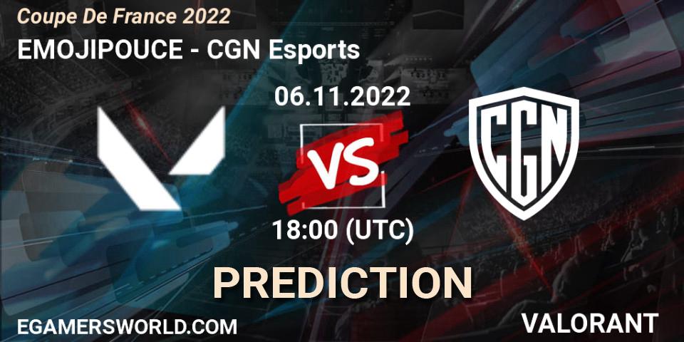 EMOJIPOUCE contre CGN Esports : prédiction de match. 06.11.2022 at 19:00. VALORANT, Coupe De France 2022