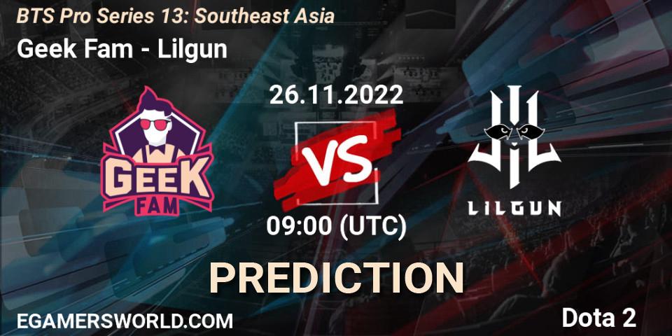 Geek Fam contre Lilgun : prédiction de match. 26.11.22. Dota 2, BTS Pro Series 13: Southeast Asia
