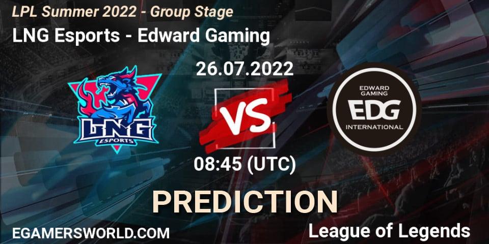 LNG Esports contre Edward Gaming : prédiction de match. 26.07.2022 at 09:00. LoL, LPL Summer 2022 - Group Stage