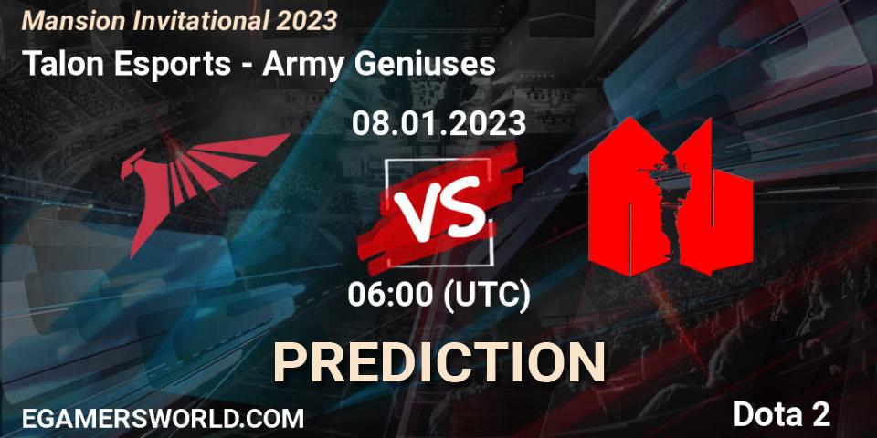 Talon Esports contre Army Geniuses : prédiction de match. 08.01.2023 at 06:30. Dota 2, Mansion Invitational 2023