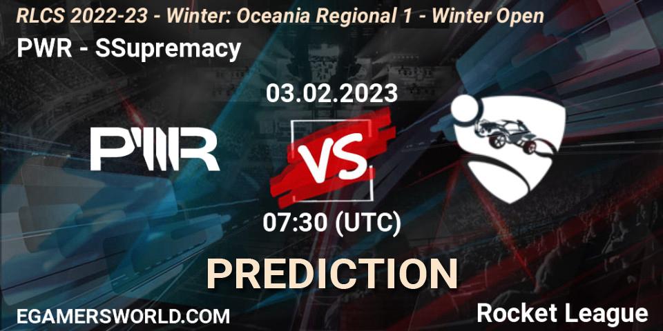PWR contre SSupremacy : prédiction de match. 03.02.2023 at 07:30. Rocket League, RLCS 2022-23 - Winter: Oceania Regional 1 - Winter Open
