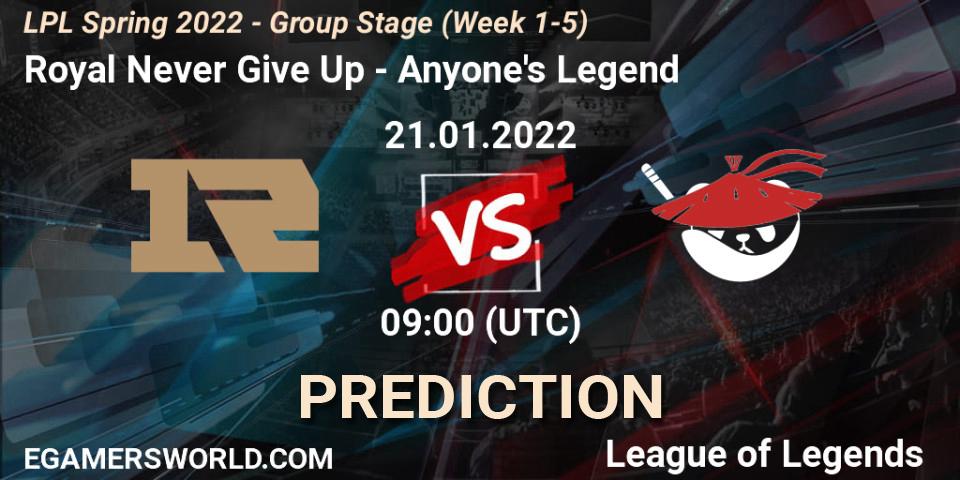 Royal Never Give Up contre Anyone's Legend : prédiction de match. 21.01.2022 at 09:45. LoL, LPL Spring 2022 - Group Stage (Week 1-5)