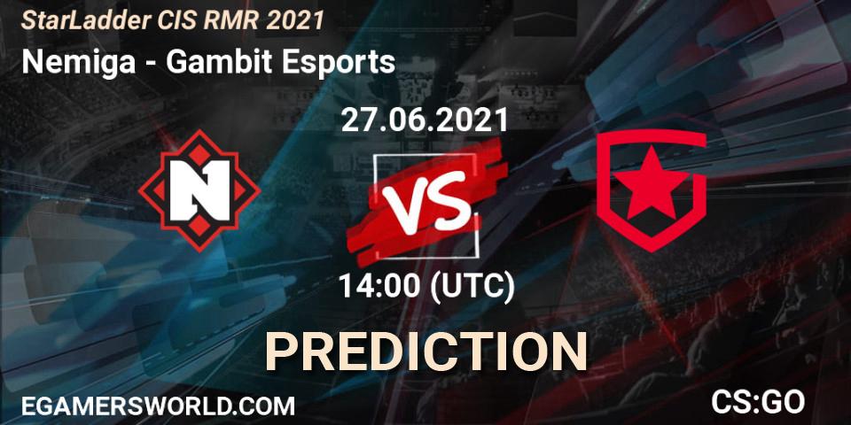 Nemiga contre Gambit Esports : prédiction de match. 27.06.2021 at 14:00. Counter-Strike (CS2), StarLadder CIS RMR 2021