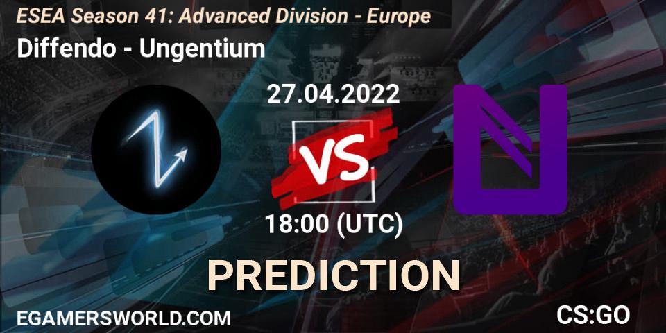 Diffendo contre Ungentium : prédiction de match. 27.04.2022 at 18:00. Counter-Strike (CS2), ESEA Season 41: Advanced Division - Europe