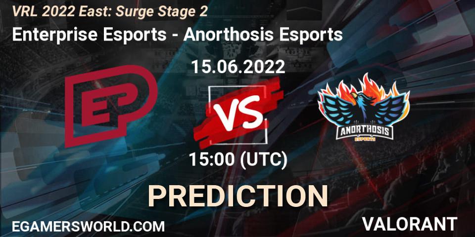 Enterprise Esports contre Anorthosis Esports : prédiction de match. 15.06.2022 at 15:00. VALORANT, VRL 2022 East: Surge Stage 2