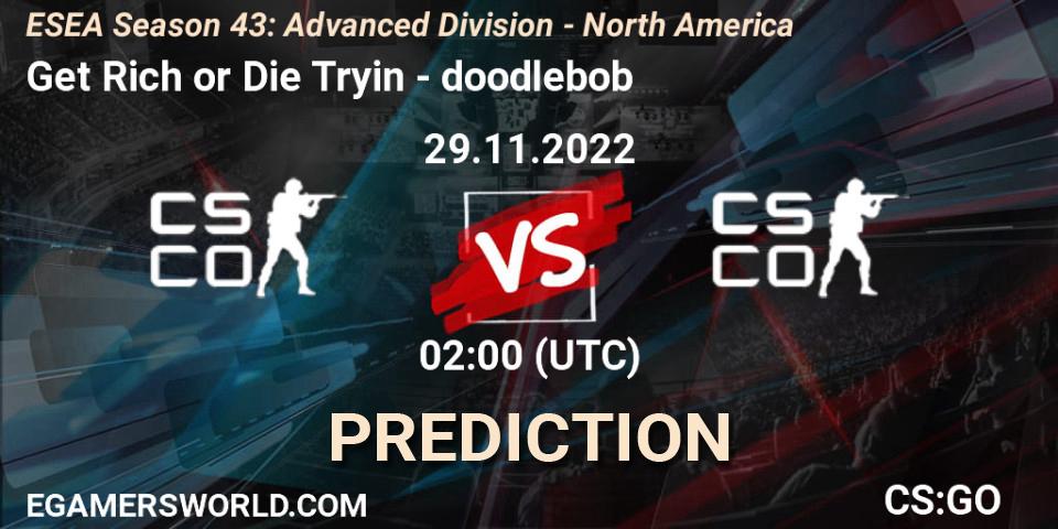 Get Rich or Die Tryin contre doodlebob : prédiction de match. 29.11.22. CS2 (CS:GO), ESEA Season 43: Advanced Division - North America