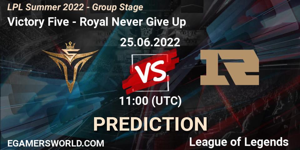 Victory Five contre Royal Never Give Up : prédiction de match. 25.06.2022 at 13:00. LoL, LPL Summer 2022 - Group Stage