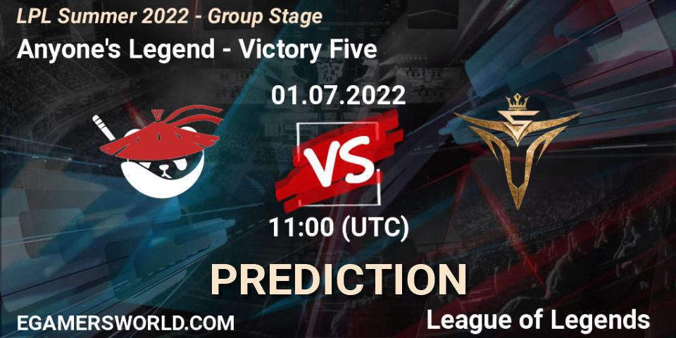 Anyone's Legend contre Victory Five : prédiction de match. 01.07.22. LoL, LPL Summer 2022 - Group Stage
