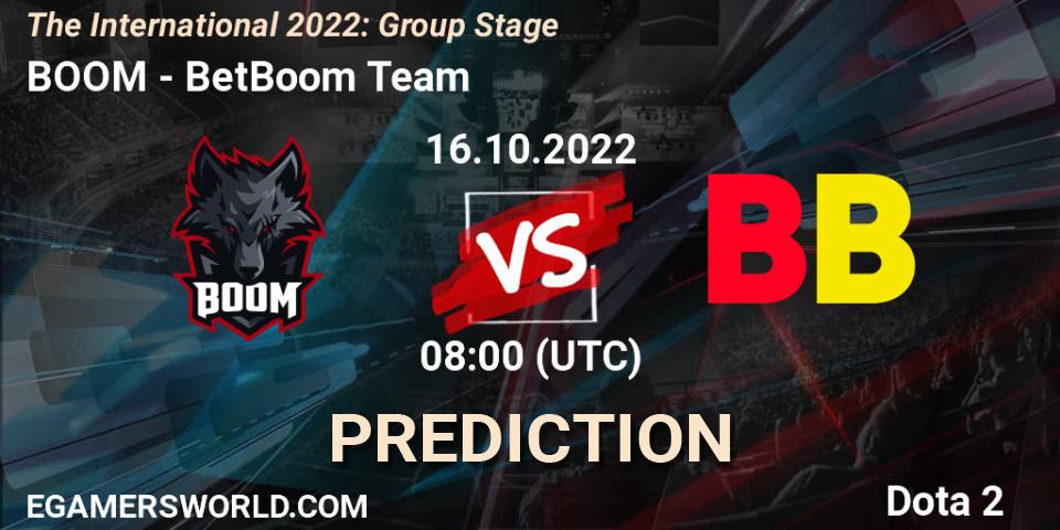 BOOM contre BetBoom Team : prédiction de match. 16.10.2022 at 09:20. Dota 2, The International 2022: Group Stage