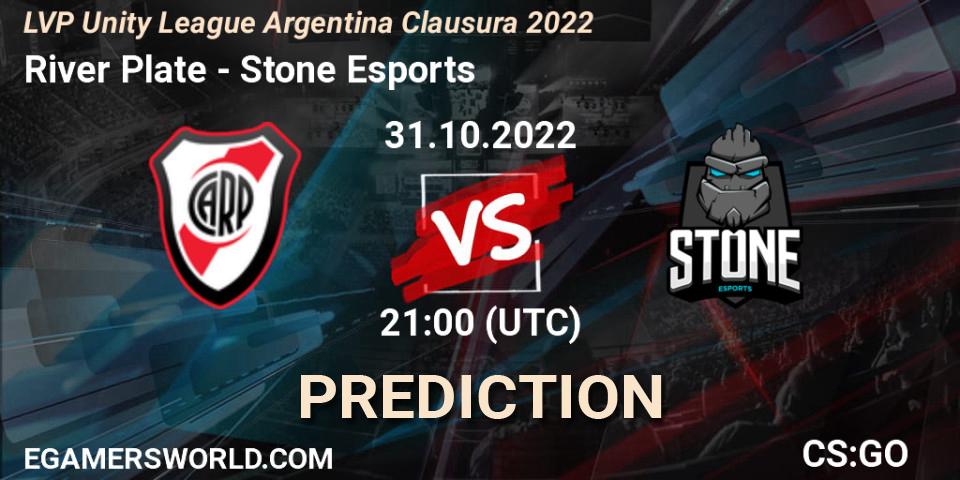 River Plate contre Stone Esports : prédiction de match. 31.10.2022 at 21:00. Counter-Strike (CS2), LVP Unity League Argentina Clausura 2022