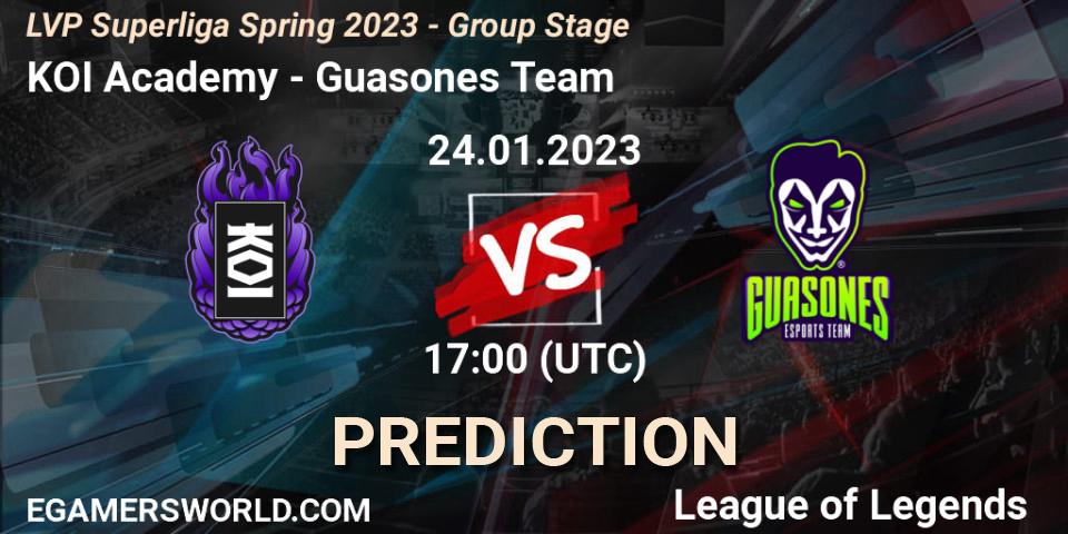 KOI Academy contre Guasones Team : prédiction de match. 24.01.2023 at 18:00. LoL, LVP Superliga Spring 2023 - Group Stage