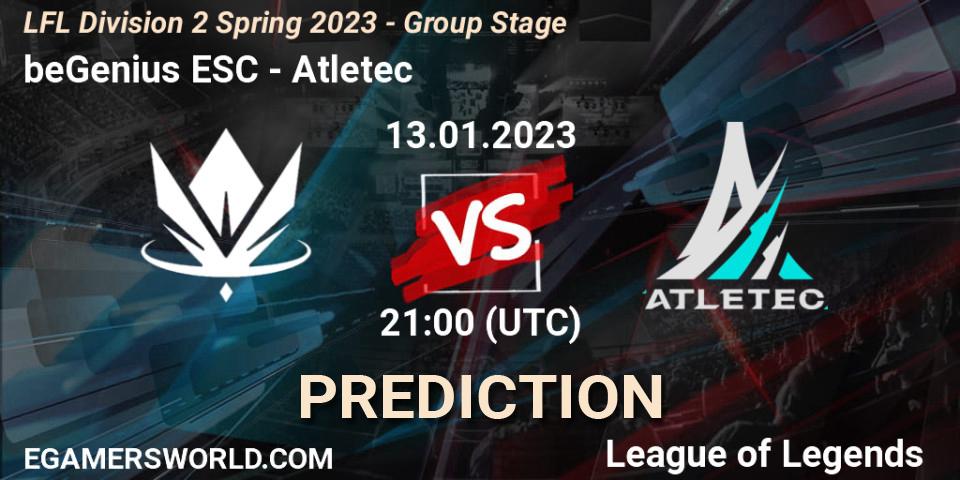 beGenius ESC contre Atletec : prédiction de match. 13.01.2023 at 21:00. LoL, LFL Division 2 Spring 2023 - Group Stage
