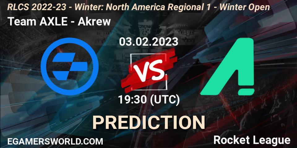 Team AXLE contre Akrew : prédiction de match. 03.02.2023 at 19:30. Rocket League, RLCS 2022-23 - Winter: North America Regional 1 - Winter Open