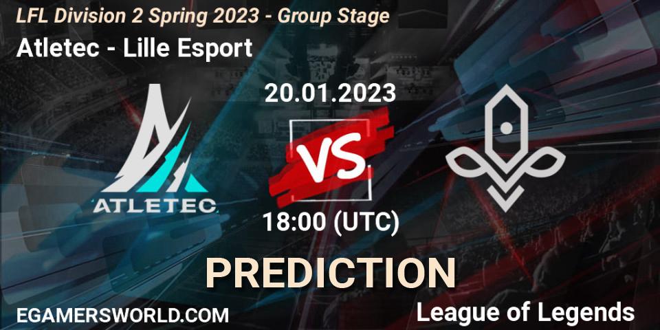 Atletec contre Lille Esport : prédiction de match. 20.01.2023 at 18:00. LoL, LFL Division 2 Spring 2023 - Group Stage