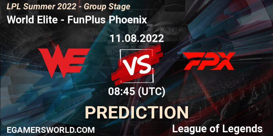 World Elite contre FunPlus Phoenix : prédiction de match. 11.08.2022 at 09:00. LoL, LPL Summer 2022 - Group Stage