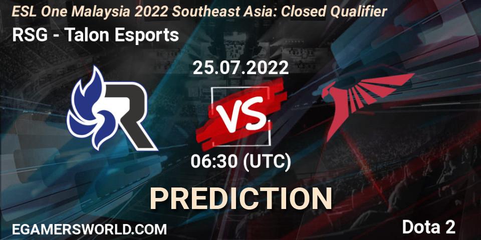 RSG contre Talon Esports : prédiction de match. 25.07.2022 at 07:06. Dota 2, ESL One Malaysia 2022 Southeast Asia: Closed Qualifier
