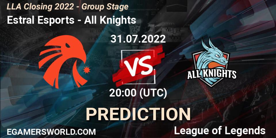 Estral Esports contre All Knights : prédiction de match. 31.07.2022 at 20:00. LoL, LLA Closing 2022 - Group Stage