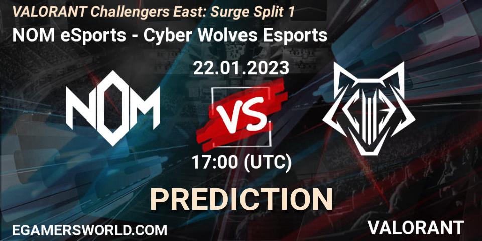 NOM eSports contre Cyber Wolves Esports : prédiction de match. 22.01.2023 at 17:00. VALORANT, VALORANT Challengers 2023 East: Surge Split 1