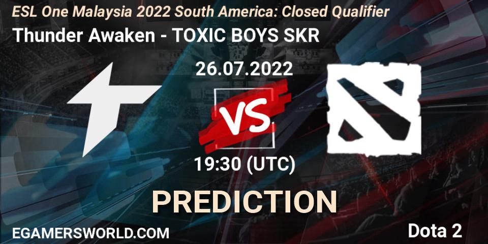 Thunder Awaken contre TOXIC BOYS SKR : prédiction de match. 26.07.2022 at 19:30. Dota 2, ESL One Malaysia 2022 South America: Closed Qualifier