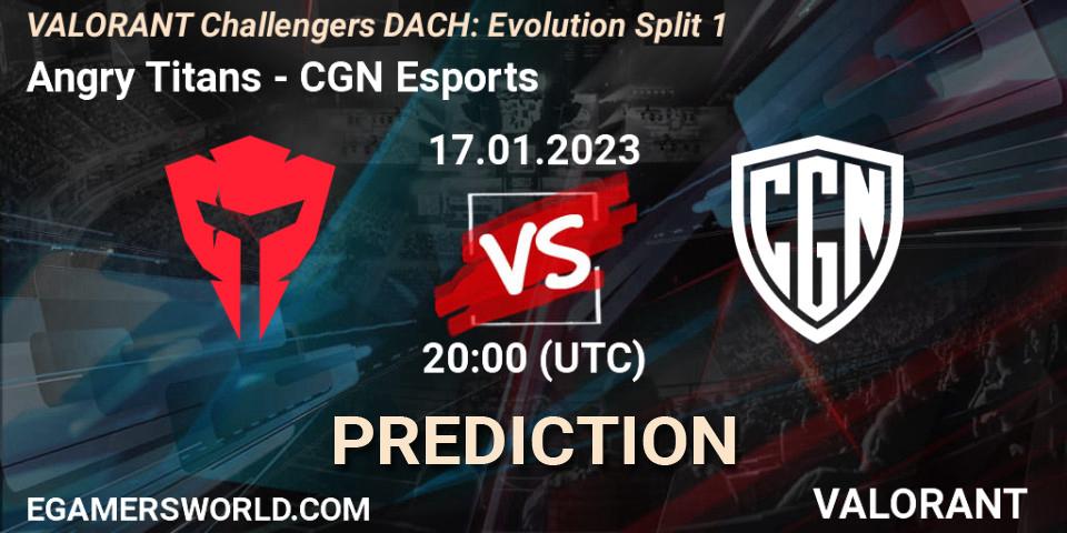 Angry Titans contre CGN Esports : prédiction de match. 17.01.2023 at 20:00. VALORANT, VALORANT Challengers 2023 DACH: Evolution Split 1