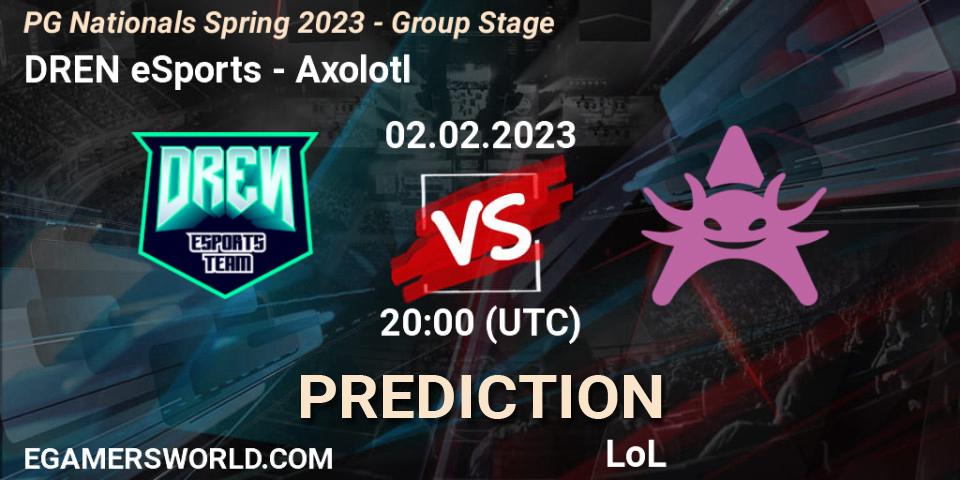 DREN eSports contre Axolotl : prédiction de match. 02.02.2023 at 20:00. LoL, PG Nationals Spring 2023 - Group Stage