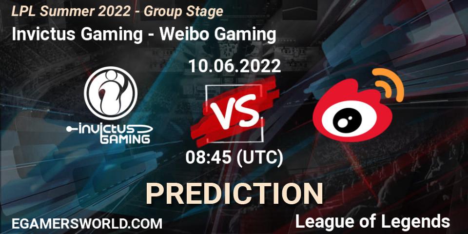 Invictus Gaming contre Weibo Gaming : prédiction de match. 10.06.2022 at 08:45. LoL, LPL Summer 2022 - Group Stage