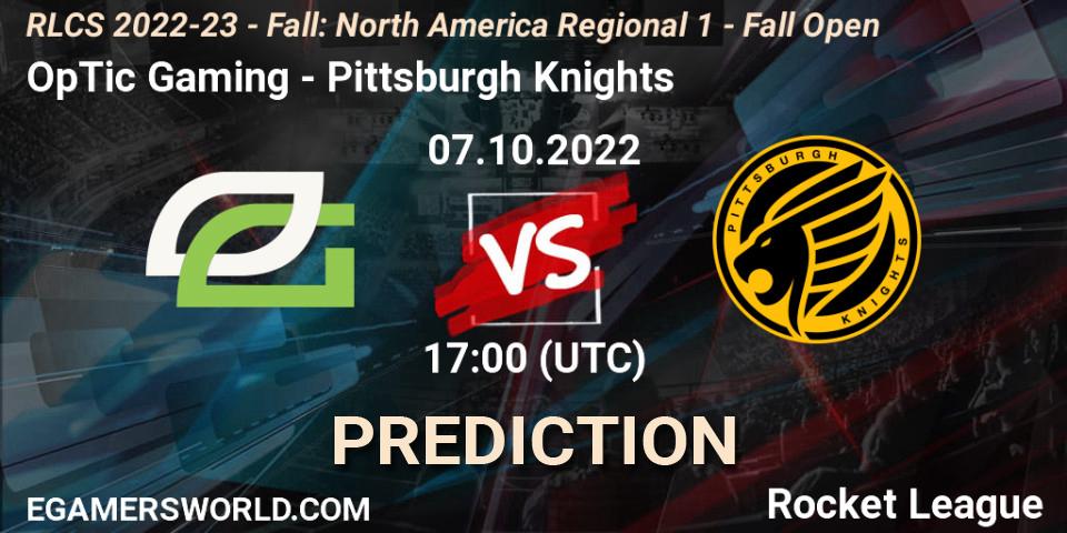 OpTic Gaming contre Pittsburgh Knights : prédiction de match. 07.10.2022 at 17:00. Rocket League, RLCS 2022-23 - Fall: North America Regional 1 - Fall Open
