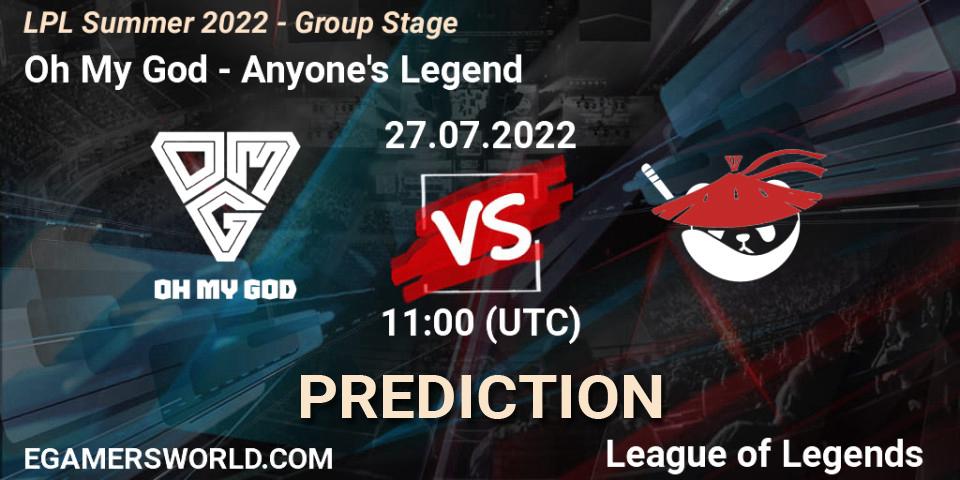 Oh My God contre Anyone's Legend : prédiction de match. 27.07.2022 at 12:00. LoL, LPL Summer 2022 - Group Stage