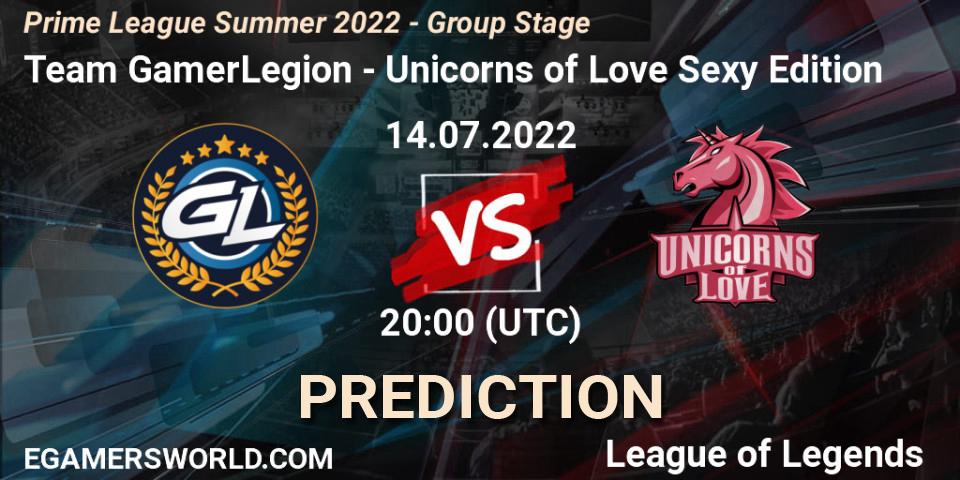 Team GamerLegion contre Unicorns of Love Sexy Edition : prédiction de match. 14.07.2022 at 20:00. LoL, Prime League Summer 2022 - Group Stage