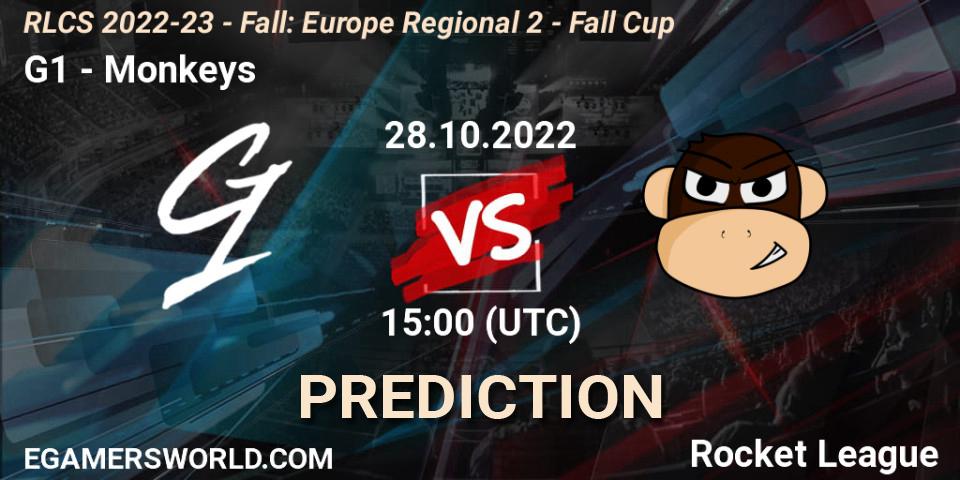 G1 contre Monkeys : prédiction de match. 28.10.2022 at 15:00. Rocket League, RLCS 2022-23 - Fall: Europe Regional 2 - Fall Cup