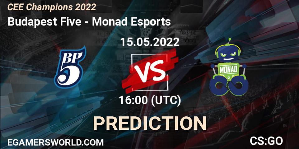 Budapest Five contre Monad Esports : prédiction de match. 15.05.2022 at 16:00. Counter-Strike (CS2), CEE Champions 2022