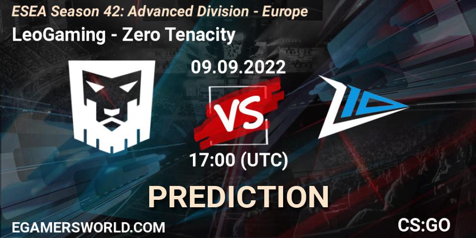 LeoGaming contre Zero Tenacity : prédiction de match. 09.09.2022 at 17:00. Counter-Strike (CS2), ESEA Season 42: Advanced Division - Europe