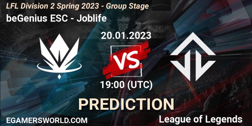 beGenius ESC contre Joblife : prédiction de match. 20.01.2023 at 19:00. LoL, LFL Division 2 Spring 2023 - Group Stage