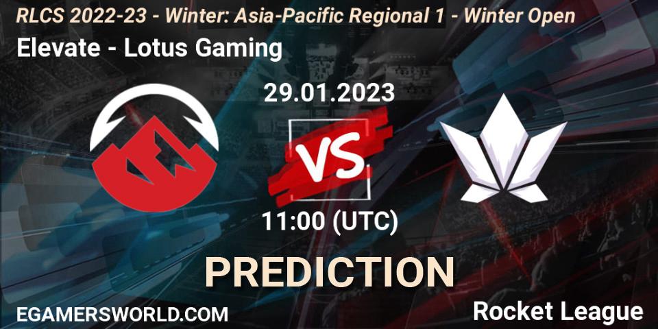 Elevate contre Lotus Gaming : prédiction de match. 29.01.2023 at 11:00. Rocket League, RLCS 2022-23 - Winter: Asia-Pacific Regional 1 - Winter Open